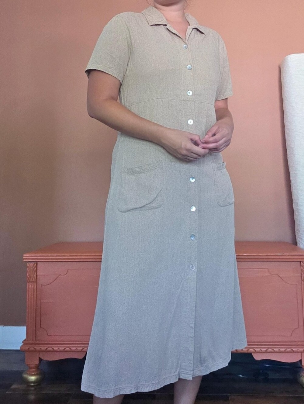 Vintage Silk Light Brown Earthy Button Down Dress by Selene Sport